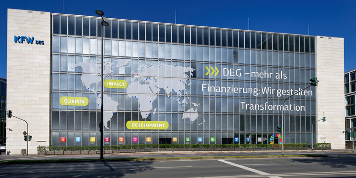Cologne, Germany June 25 2024: headquarters of DEG - Deutsche Investitions- und Entwicklungsgesellschaft mbH  subsidiary of KfW Banking Group D inscription more than financing, we shape transformation
