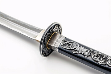 Detailed view of a samurai sword hilt with intricate dragon design and polished blade on white background