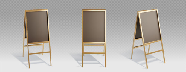 Gold easel stand board mockup. Advertising sandwich billboard frame. 3d isolated restaurant signage for sidewalk. Outdoor cafe promo empty chalkboard banner for side walk pavement mock up vector.