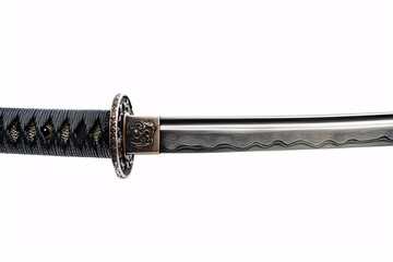 Side view of a samurai sword blade with a white background, showcasing the intricate craftsmanship