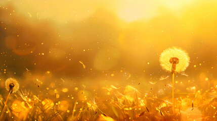 sunset spring background with white dandelion,dandelion weed seeds blowing across a spring.generative ai