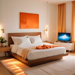 Bright and airy contemporary white bedroom with orange accessories, large windows, plush white bedding