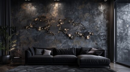 A designer living room with a black sofa, dark concrete walls, and a statement piece of metallic wall art