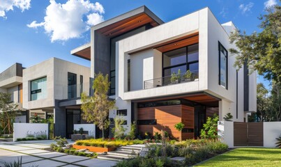 Fototapeta premium modern two-story home in Florida with sleek architecture, large windows, wooden accents, greenery, located near contemporary homes, natural lighting on a sunny day
