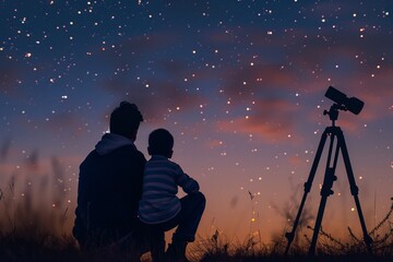 Fototapeta premium A man and a child outdoors, looking up at the stars in the nighttime sky, A tender moment of a father and son stargazing on a clear night