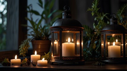 A moody scene featuring flickering candles and a crescent moon pendant. The soft candlelight illuminates surrounding plants and decorative elements.