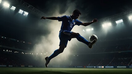 Obraz premium A silhouette of a soccer player in mid-air, kicking the ball, with stadium lights and a smoky atmosphere in the background.
