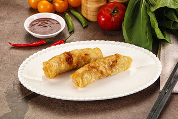 Vietnamese stuffed spring roll served sauce