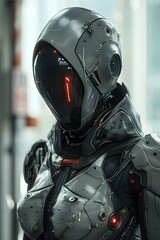 Fototapeta premium Cyborg Resistance Fighter in Cloaked VR Stealth Armor Infiltrating AI-Controlled Facility to Gather Critical for Underground Movement