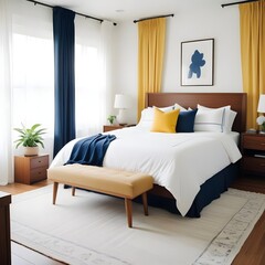 Serene and modern white bedroom with sleek wood furniture, sheer curtains, and navy blue, white and bold yellow palette