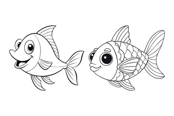 Contour silhouette of Fish in childrens coloring style, illustration of two fish isolated on white background.