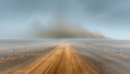 A long dirt road stretches forward, leading towards a distant dust storm on the horizon. The storm looms ominously as the road fades into the hazy environment ahead.