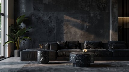 A lavish living room with a black sofa, dark concrete walls, and a luxurious, black marble side table