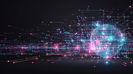 Obraz premium Intricate network of glowing nodes and connections against dark background. Vibrant pink and blue light streams flow through complex pathways. 