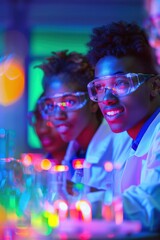 12. Portrait of a diverse group of students conducting a chemistry experiment, bright lighting, focused expressions, lab setting