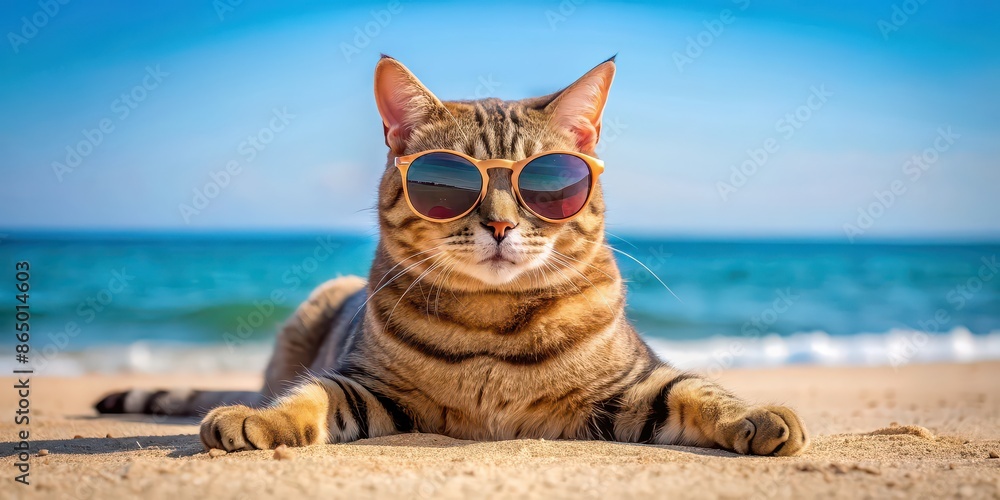 Wall mural Shorthair cat wearing sunglasses lounging on beach , cat, shorthair, sunglasses, beach, chilling, relaxing, cute, funny, pet