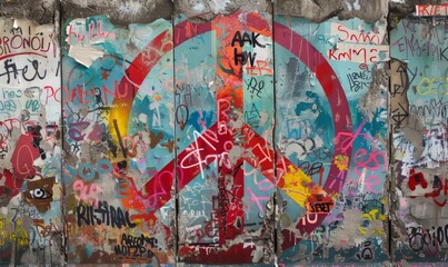 graffiti art on Berlin Wall, vibrant and colorful, featuring iconic peace signs and messages, capturing spirit of creativity and historical significance