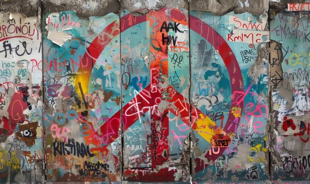 graffiti art on Berlin Wall, vibrant and colorful, featuring iconic peace signs and messages, capturing spirit of creativity and historical significance