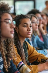 Fototapeta premium 18. Portrait of a diverse group of students taking notes during a lecture, natural lighting, focused expressions, classroom setting