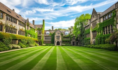 Obraz premium beautiful lawn in front of ivy-covered old university building, green grass, clear blue sky, photo-realistic landscapes in commercial photography style with green color palette