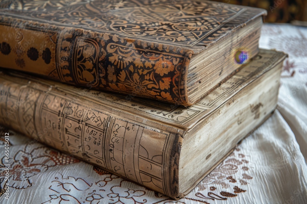 Poster close-up view of two weathered books with intricate patterns on the spine lying on a bed, a textbook