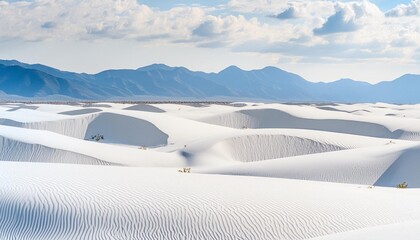 Capture the surreal beauty of the White Sands National Park in New Mexico, USA, with pristine gypsum dunes stretching across the horizon.