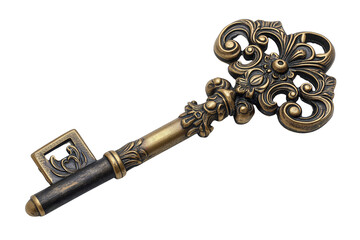 Ornate Antique Key with Intricate Details on a White Background
