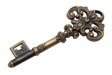 Ornate Antique Key with Intricate Details on a White Background
