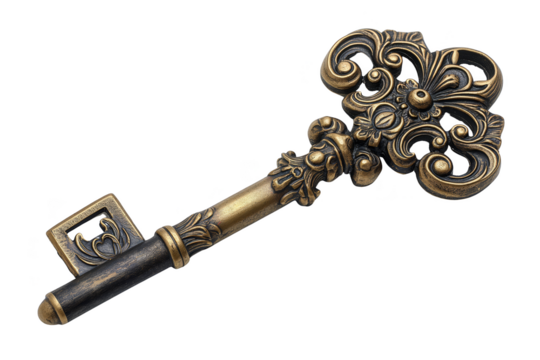 Ornate Antique Key with Intricate Details on a White Background
