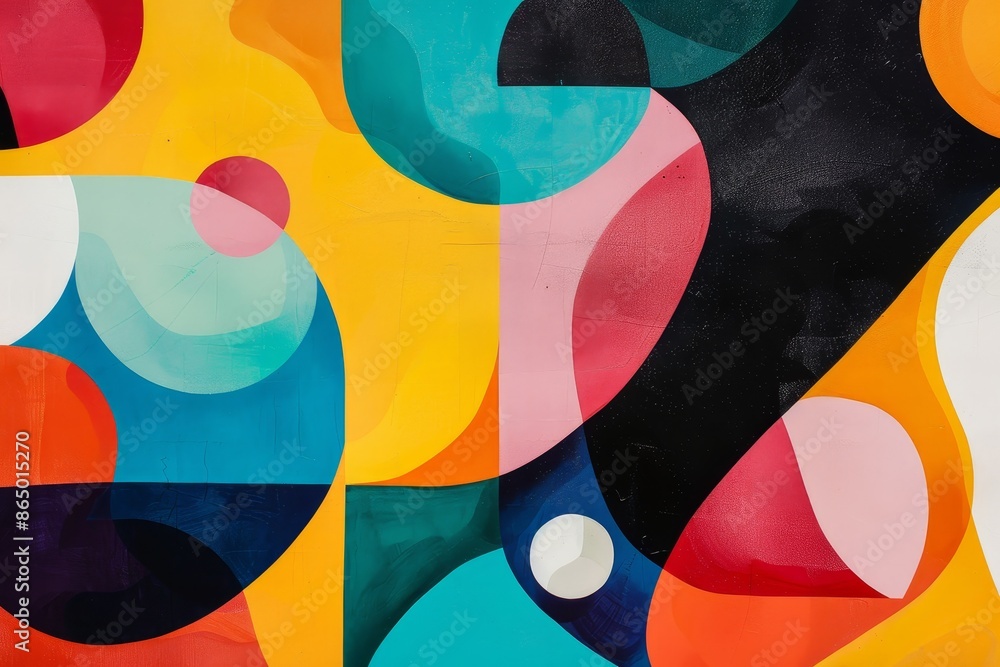 Poster an abstract painting featuring a vibrant display of different colors and shapes, a textbook with vib