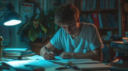 High school student doing his homework at desk indoors. Education concept 