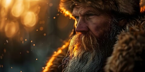 Naklejka premium Dwarf Viking Warrior Chief A Side View at Sunrise. Concept Character Design, Fantasy Art, Sunrise Illustration, Warrior Concept, Viking Dwarf Chief