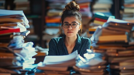 A young woman with glasses in an office sits at a desk with tall stacks of documents. Concept of office work and overwork. Concept of working in an archive with documents