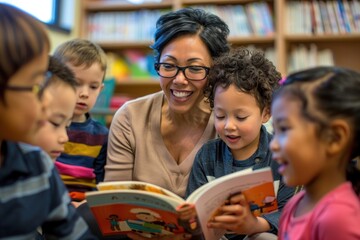 29. Portrait of a mixed-ethnicity teacher reading a book to young children, warm lighting, happy expressions, classroom setting