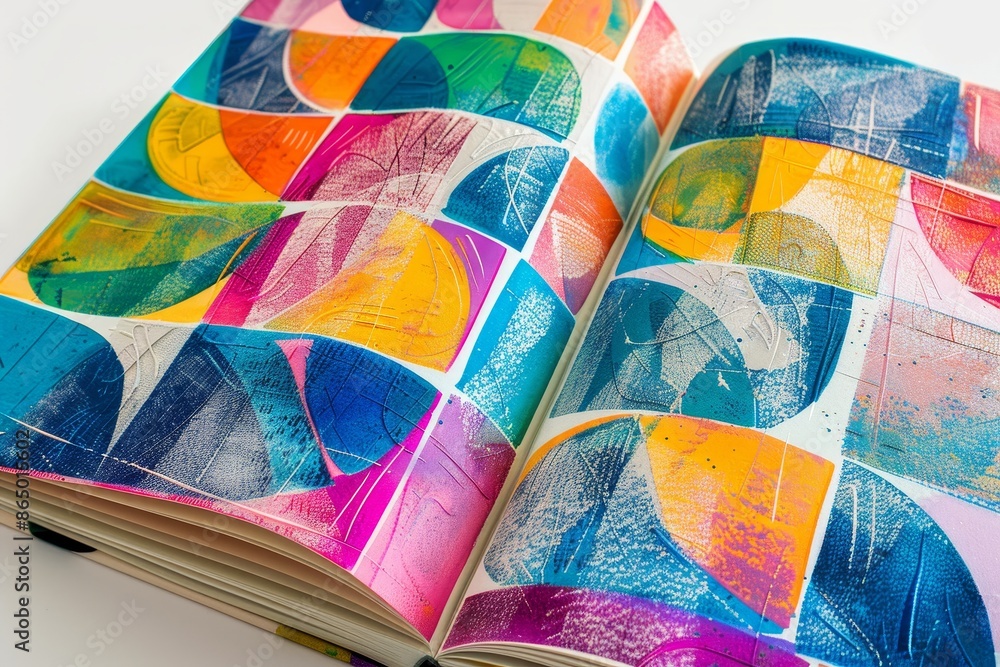 Aufkleber an open book displaying a vibrant and intricate abstract design on its cover, a textbook with vibran