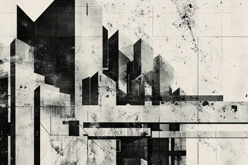 black and white geometric cityscape with buildings and lines creating a modern artistic design