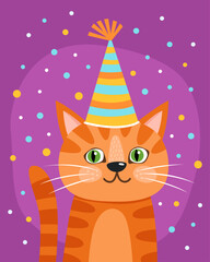 Portrait of a cute curious cat in a festive cap. Orange tabby cat with green eyes. Purple background, multicolored confetti. Birthday card. Cute cartoon illustration.