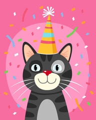 Portrait of a funny cat in a festive cap. Gray tabby cat smiles. Bright pink background, multicolored confetti. Birthday card. Cute cartoon illustration.