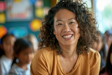 Obraz premium 40. Portrait of a mixed-ethnicity teacher supervising a school field trip, cheerful mood, natural lighting