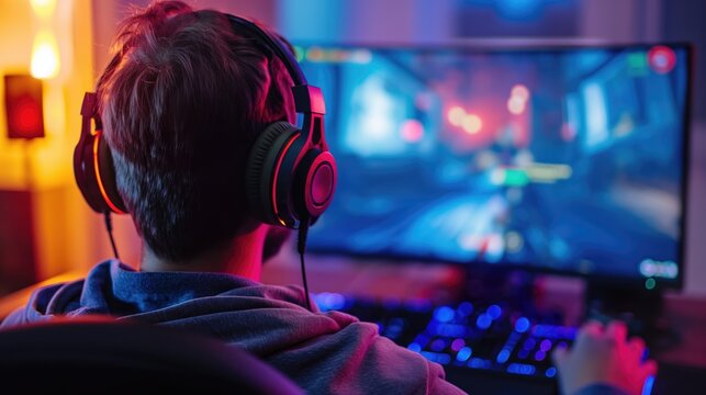Cyber sport young man gamer wearing headphones playing video game at computer in neon light view from behind. The concept of cybersport