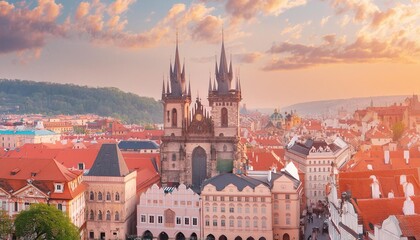 Obraz premium Showcase the architectural heritage of Prague, Czech Republic, with its historic Old Town Square and fairy-tale-like Gothic buildings.