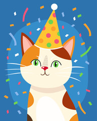 Portrait of a cute kitten in a festive yellow cap. Calico cat with green eyes. Blue background, multicolored confetti. Birthday card. Cute cartoon illustration.