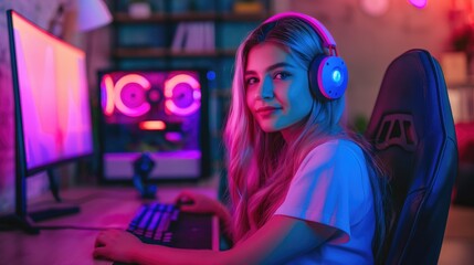 Cyber sport girl gamer wearing headphones playing video game at computer in neon light. The concept of cybersport