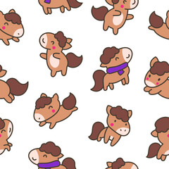 Fototapeta premium Cute kawaii pony. Seamless pattern. Cartoon funny baby horse characters. Hand drawn style. Vector drawing. Design ornaments.