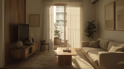 A stylish living room featuring modern furniture, large windows, and minimalist decor, offering a spacious and comfortable environment perfect for relaxation and socializing.