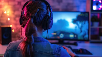 Obraz premium Cyber sport girl gamer wearing headphones playing video game at computer in neon light view from behind. The concept of cybersport