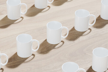 3D Rendering White mug mockup with blank space for your text or content on a wooden podium on a white background. Coffee mug mockup, close-up.