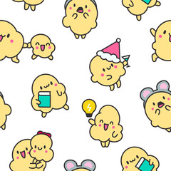 Cute popcorn character in different poses. Seamless pattern. Funny cartoon food. Hand drawn style. Vector drawing. Design ornaments.