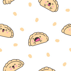 Cute kawaii dumpling. Seamless pattern. Cartoon Chinese food characters. Hand drawn style. Vector drawing. Design ornaments.
