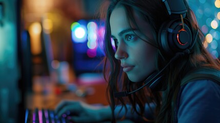 Cyber sport girl gamer wearing headphones playing video game at computer in neon light. The concept of cybersport